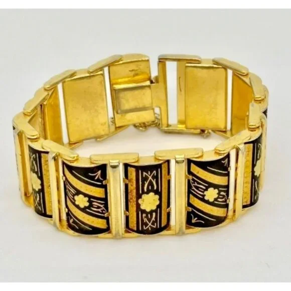 Vintage Damascene Links Bracelet Gold-Tone Metal with Etched Black Floral Motif~ - Picture 3 of 8